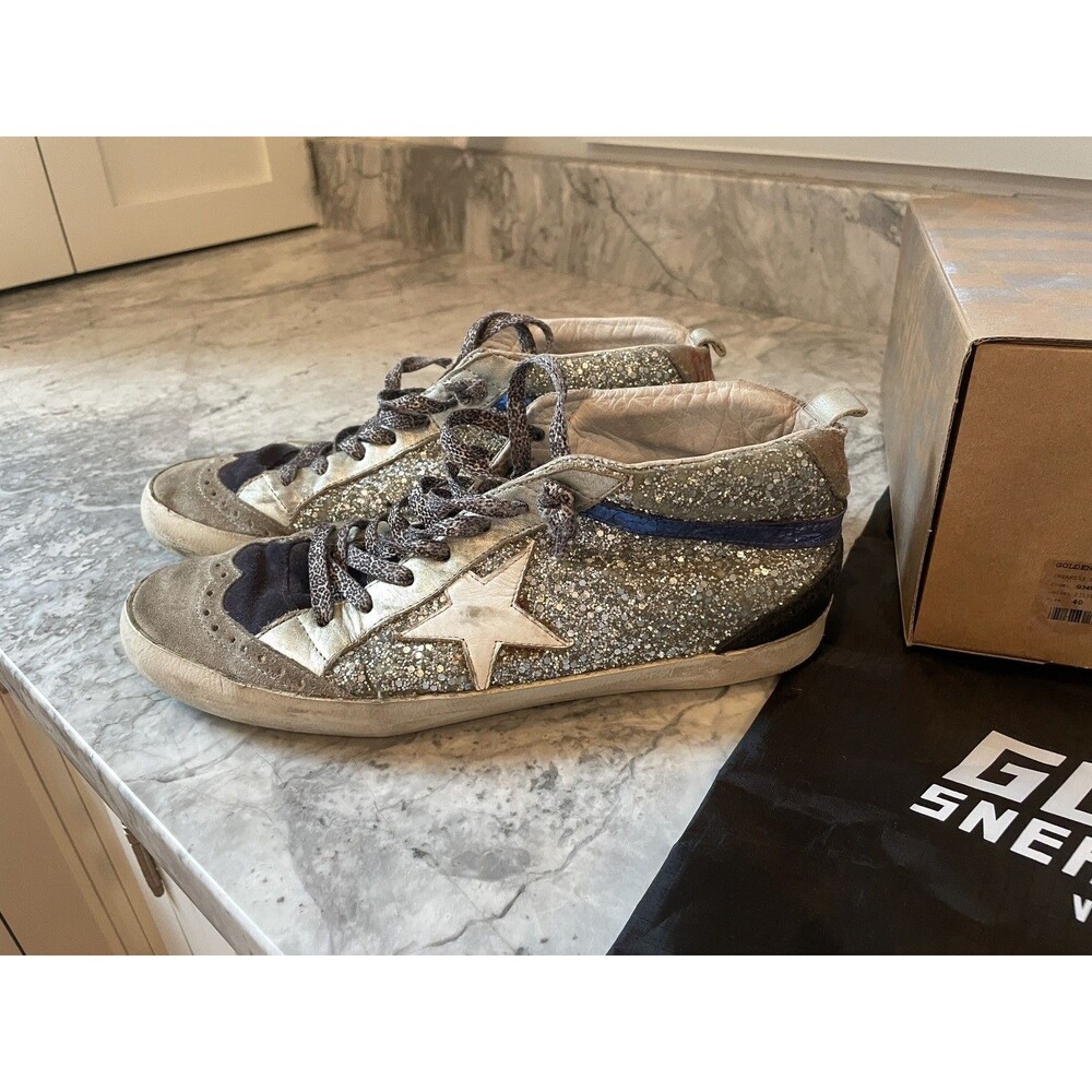 Golden Goose Mid Star Glitter Sneaker 39 Silver/Navy SZ 39-*VERYLOVED! Orig BOX!